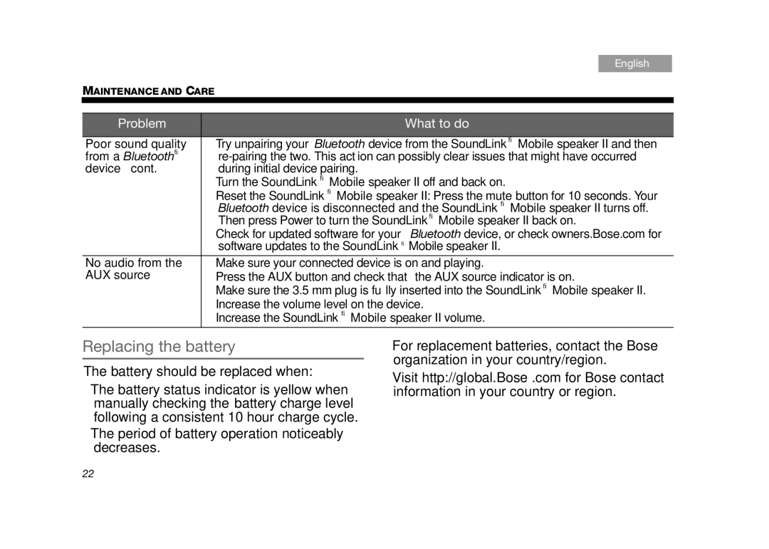 Bose SoundLink II White, SLINKMOBILE2, 357550-1300 manual Replacing the battery, Battery should be replaced when 