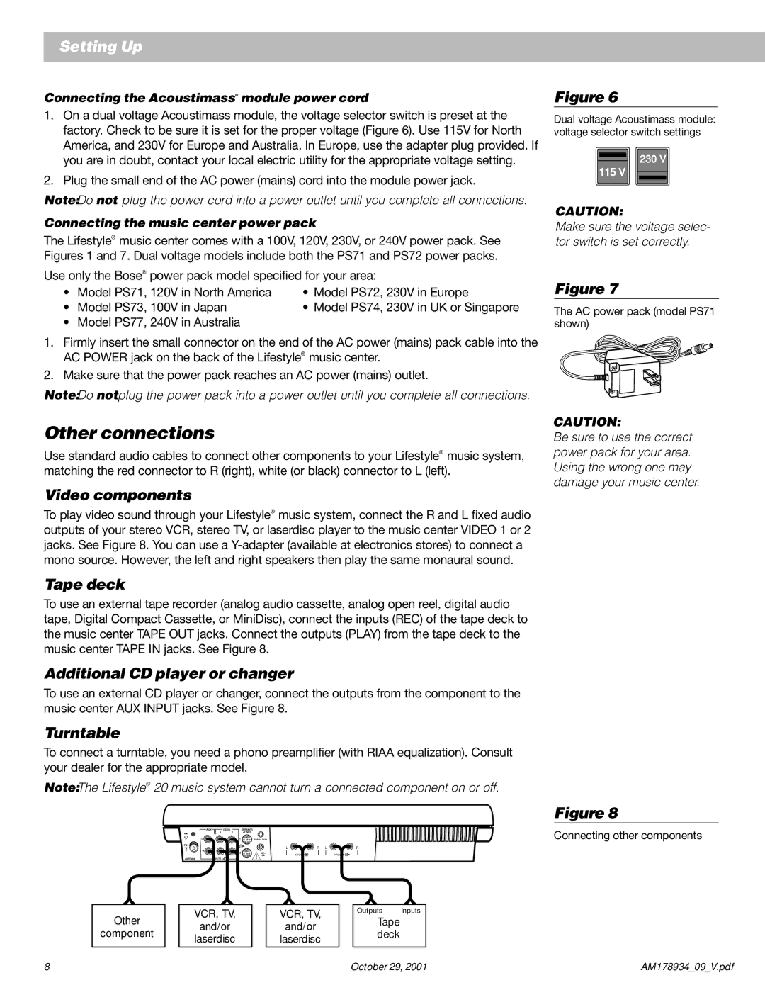 Bose 20 manual Other connections, Video components, Tape deck, Additional CD player or changer, Turntable 