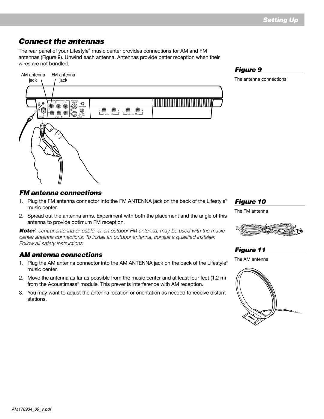 Bose 20 manual Connect the antennas, FM antenna connections, AM antenna connections 