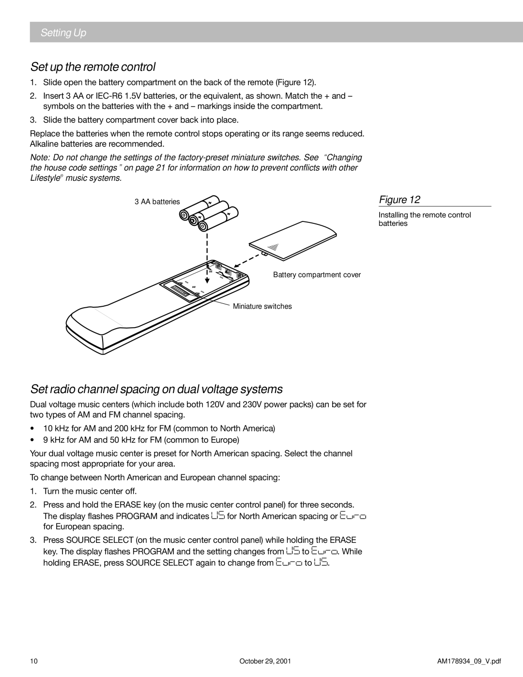 Bose 20 manual Set up the remote control, Set radio channel spacing on dual voltage systems 