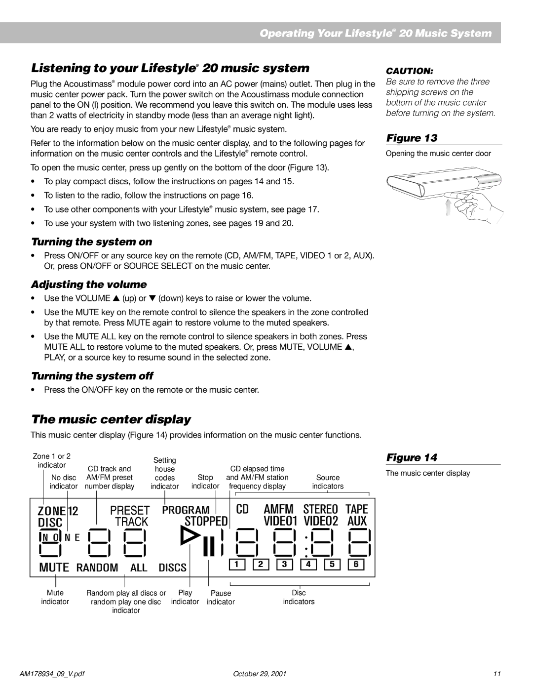 Bose Listening to your Lifestyle 20 music system, Music center display, Turning the system on, Adjusting the volume 