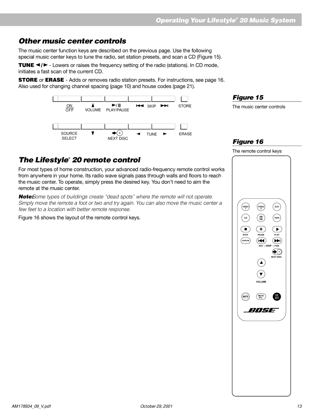 Bose manual Other music center controls, Lifestyle 20 remote control 