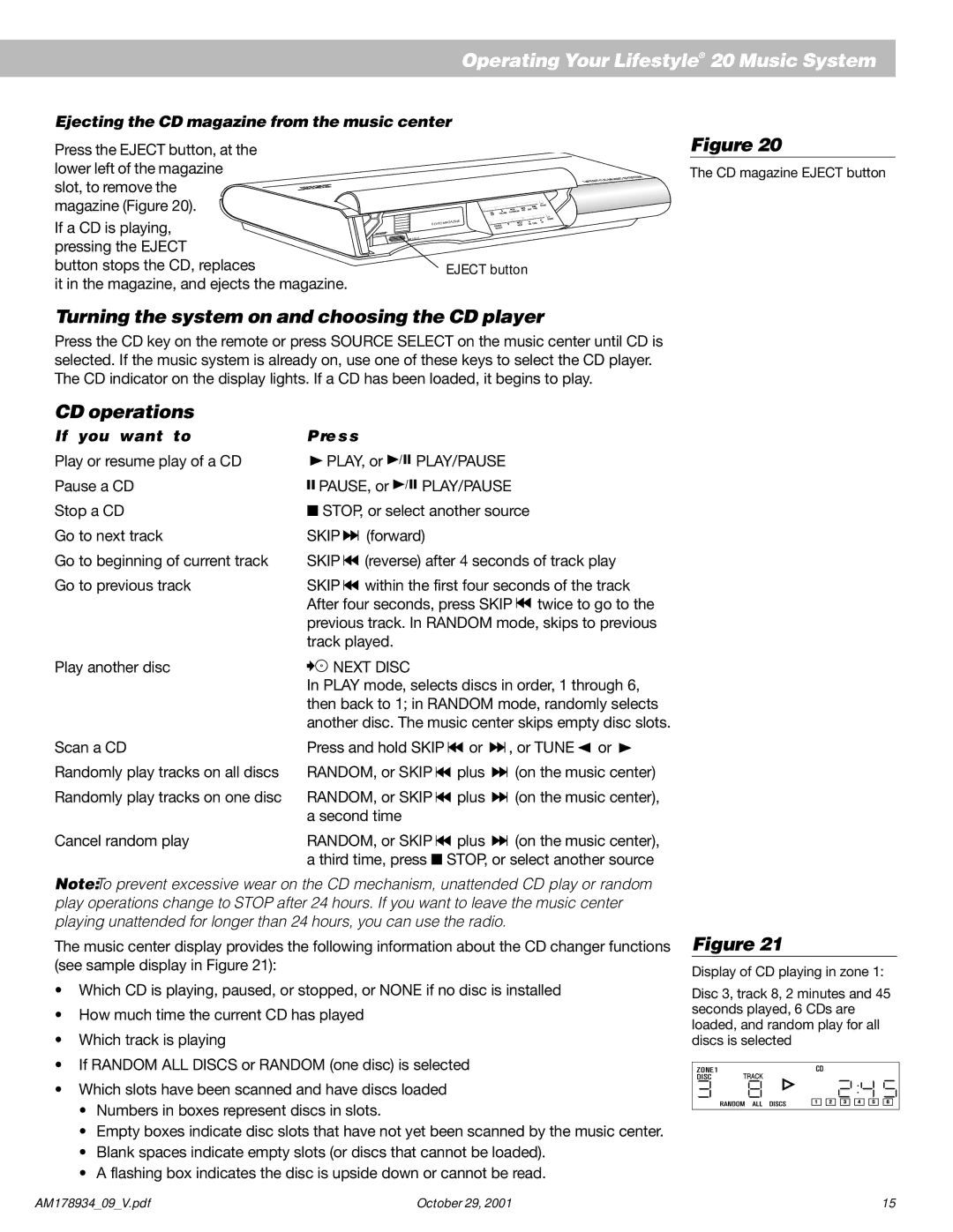 Bose 20 Turning the system on and choosing the CD player, CD operations, Ejecting the CD magazine from the music center 