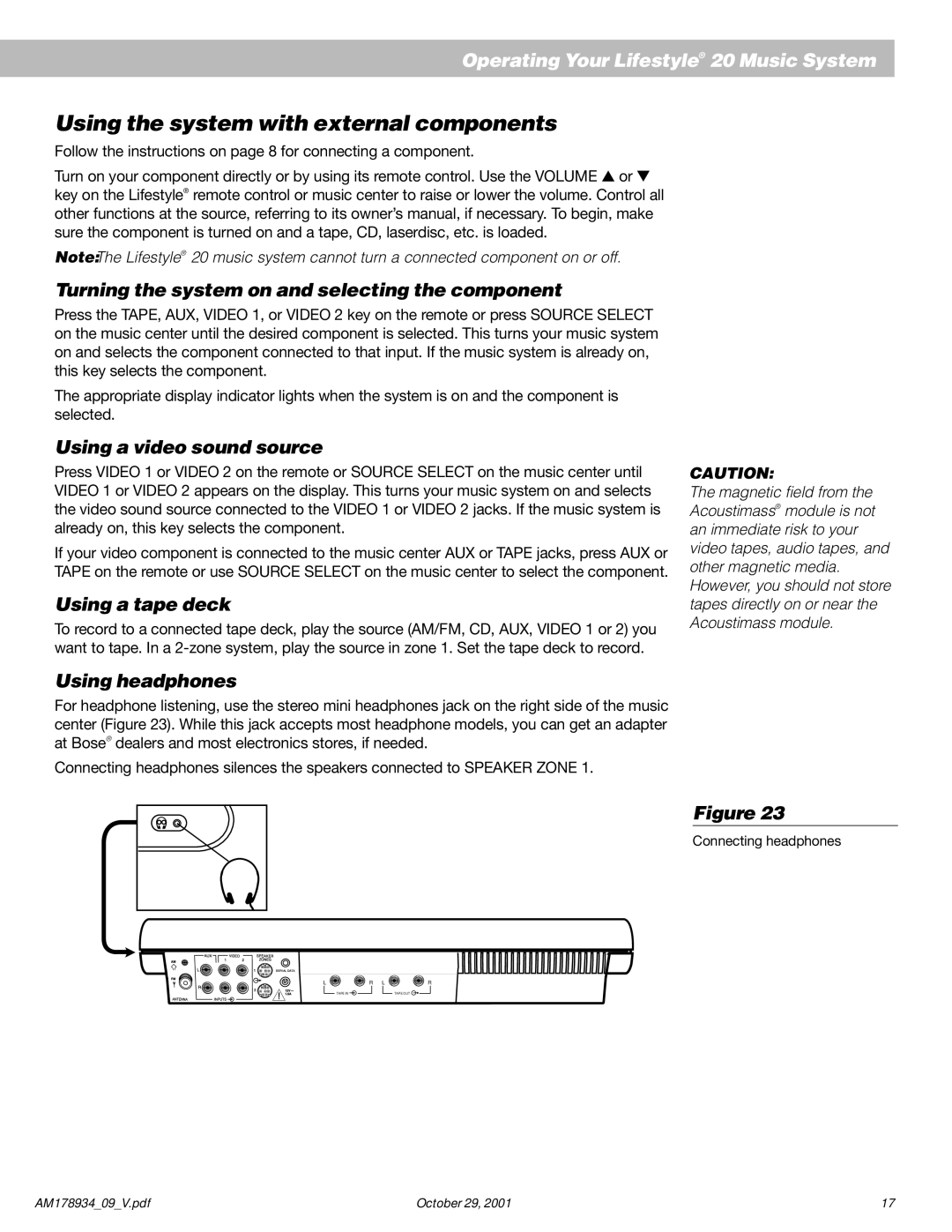 Bose 20 Using the system with external components, Turning the system on and selecting the component, Using a tape deck 