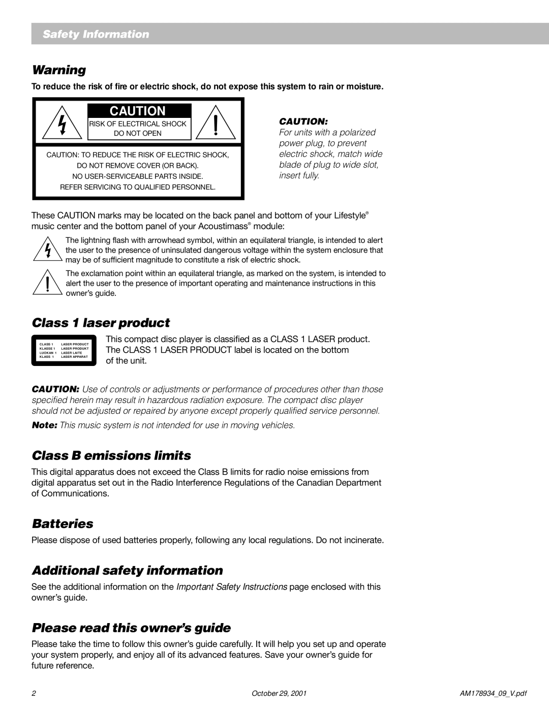 Bose 20 manual Class 1 laser product, Class B emissions limits, Batteries, Additional safety information 