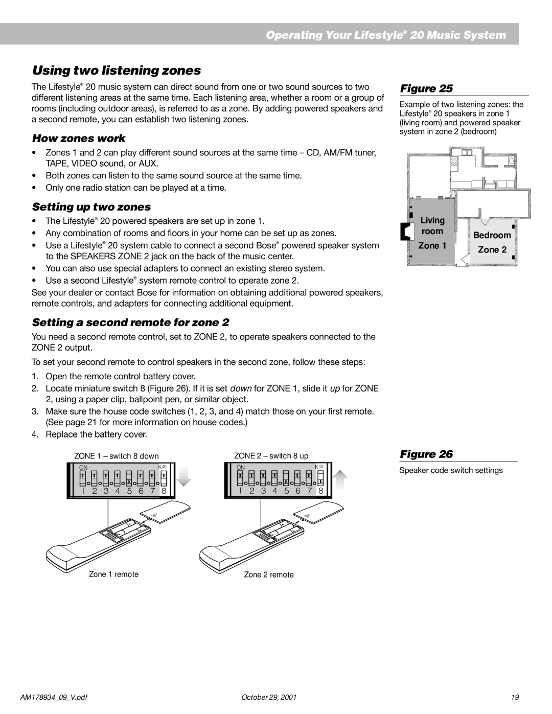 Bose 20 manual Using two listening zones, How zones work, Setting up two zones, Setting a second remote for zone 