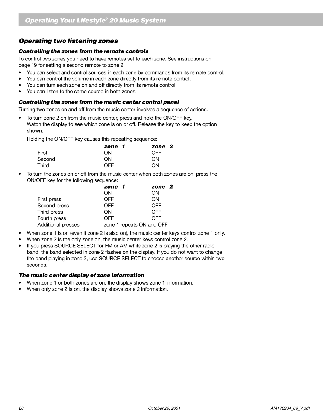 Bose 20 manual Operating two listening zones, Controlling the zones from the remote controls, Zone 