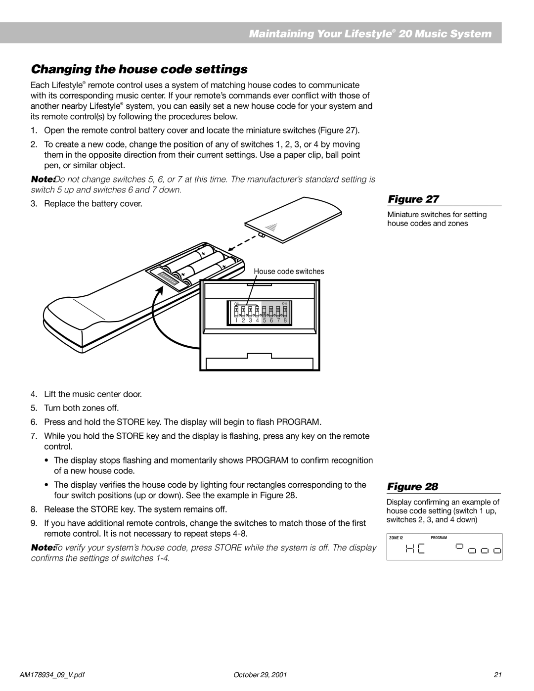 Bose 20 manual Changing the house code settings 