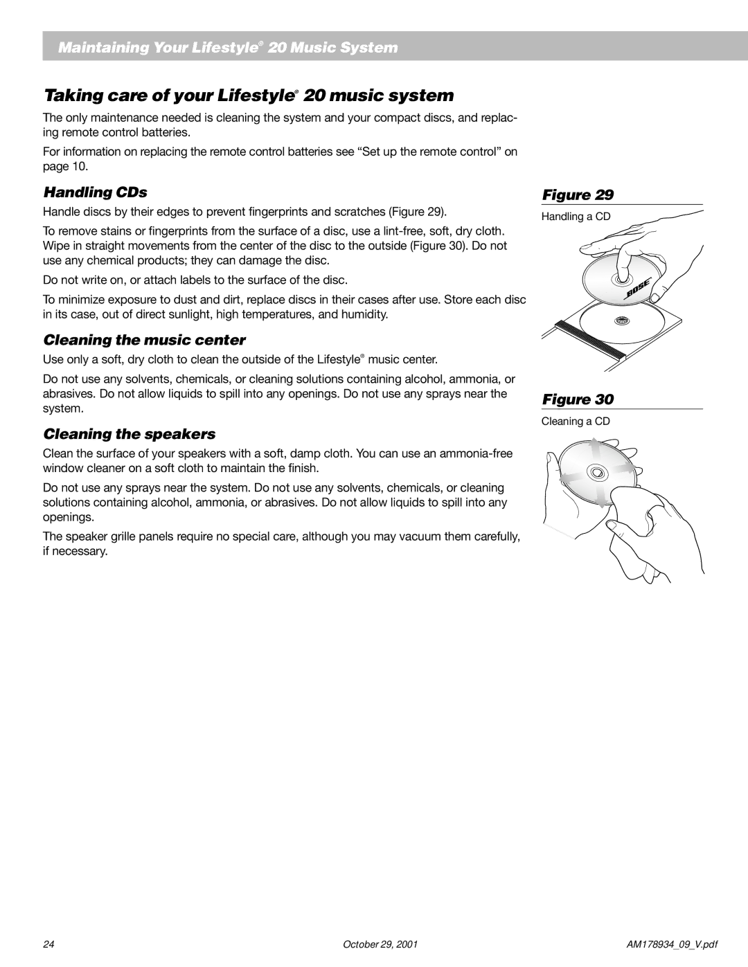 Bose Taking care of your Lifestyle 20 music system, Handling CDs, Cleaning the music center, Cleaning the speakers 