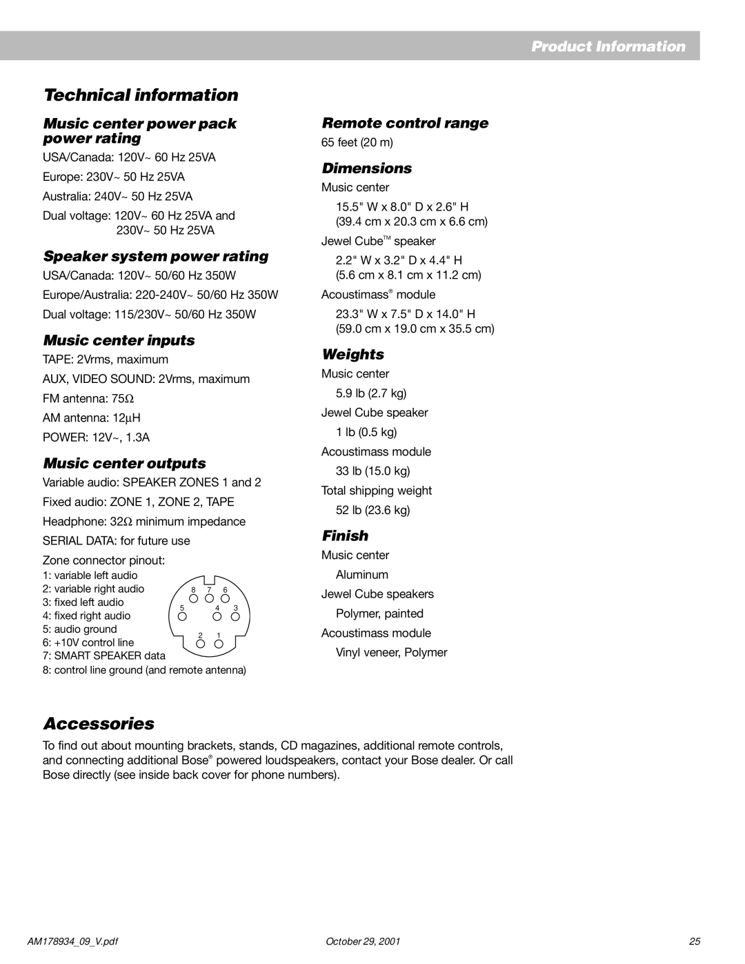 Bose 20 manual Technical information, Accessories 