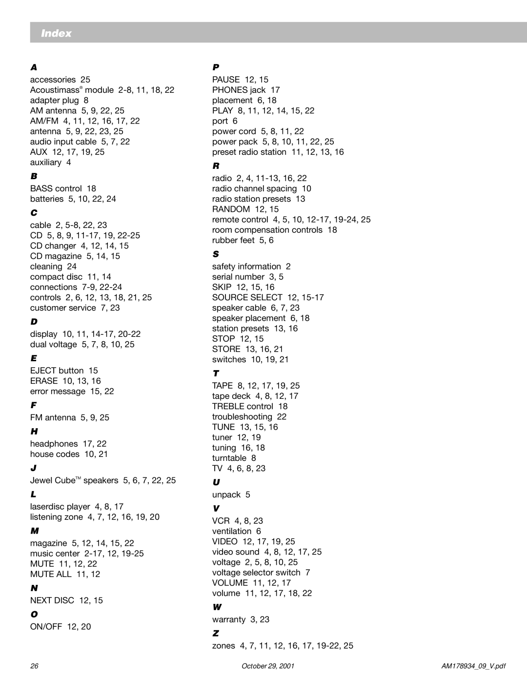 Bose 20 manual Index 