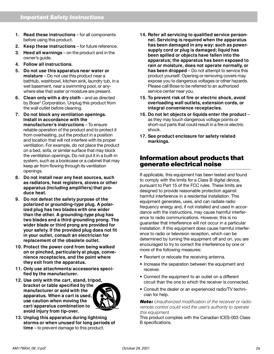 Bose 20 manual Information about products that generate electrical noise 