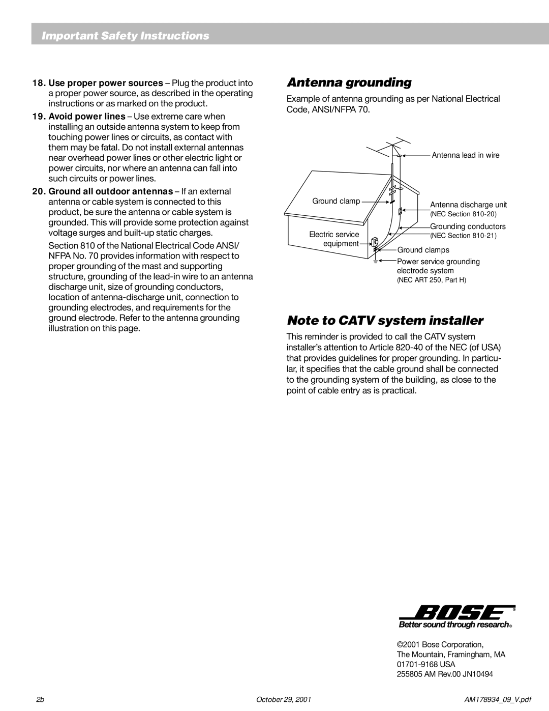 Bose 20 manual Antenna grounding 