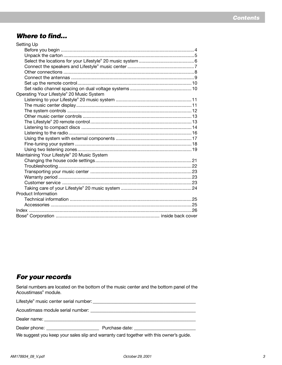 Bose 20 manual Where to find…, For your records 