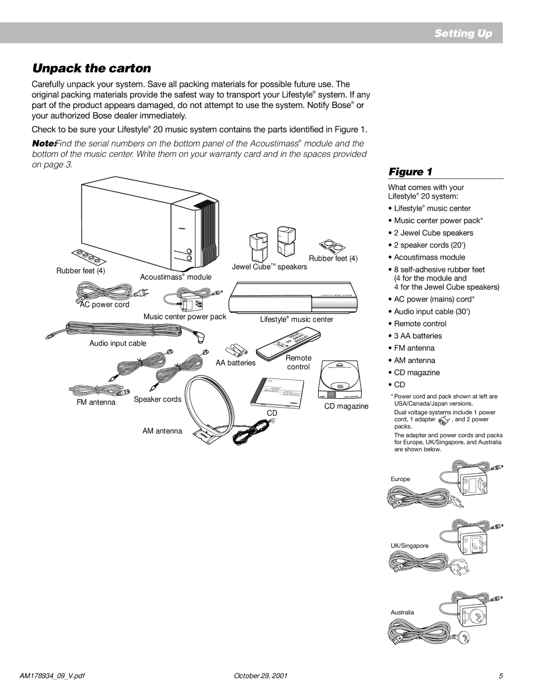 Bose 20 manual Unpack the carton 