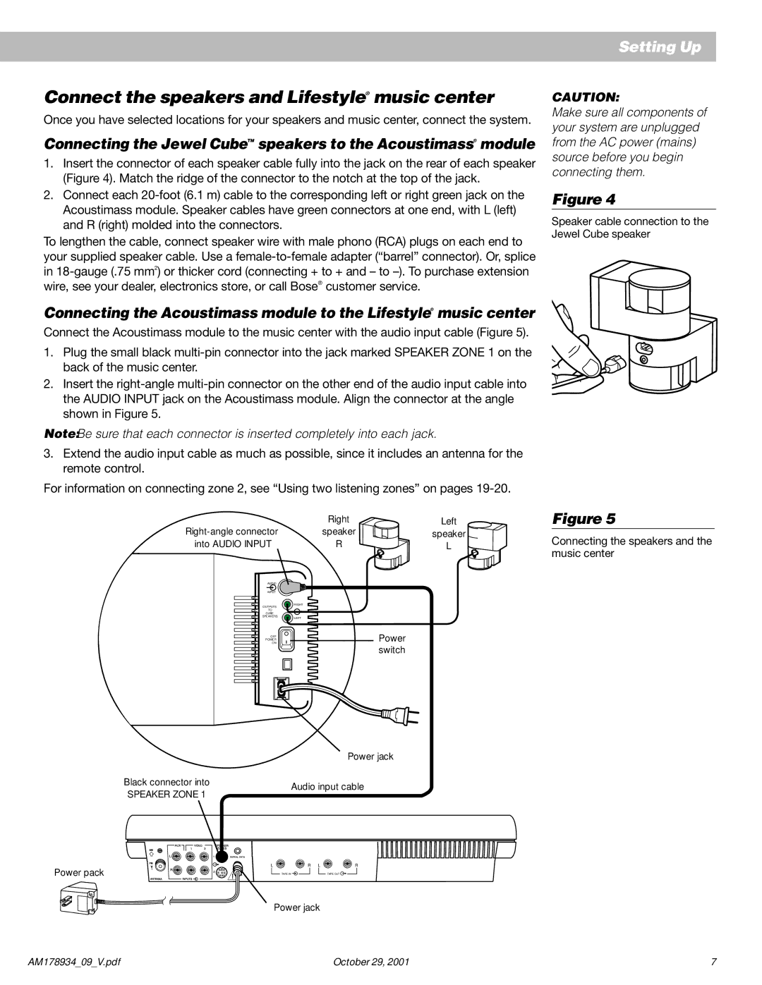 Bose 20 manual Connect the speakers and Lifestyle music center, Speaker cable connection to the Jewel Cube speaker 