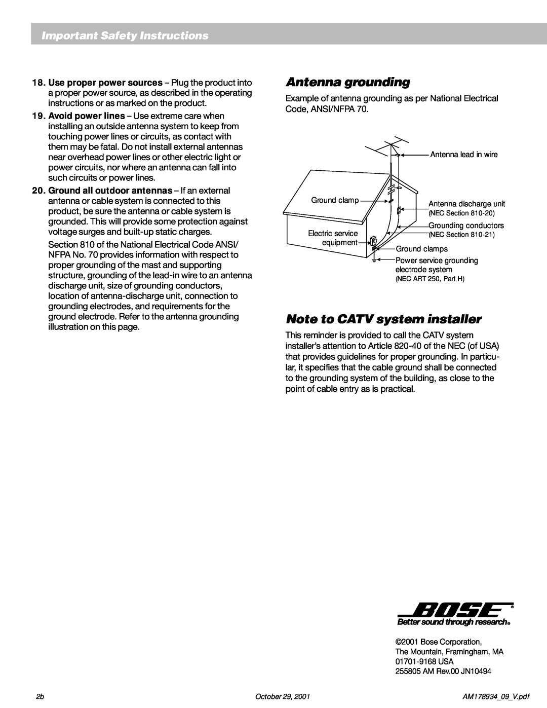 Bose 20 manual Antenna grounding, Note to CATV system installer, Important Safety Instructions, Antenna lead in wire 
