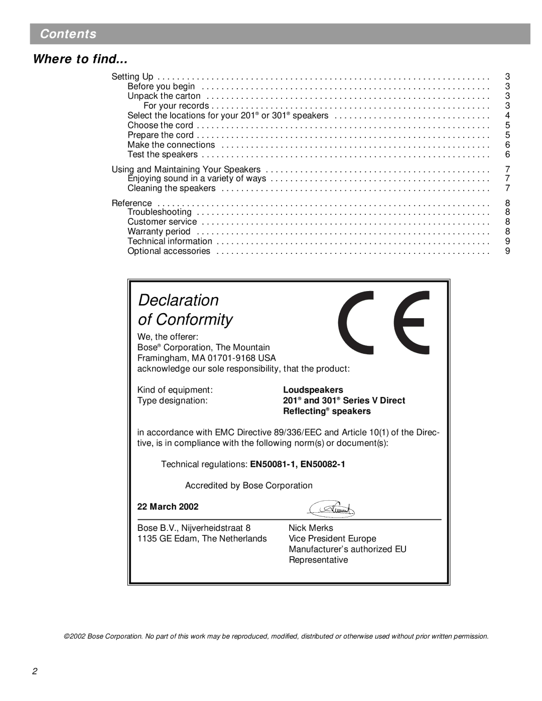 Bose 201 Series manual Declaration Conformity, Contents 