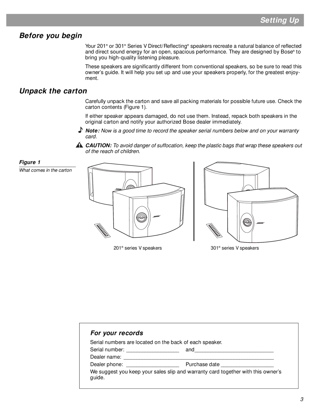 Bose 201 Series manual Setting Up, Before you begin, Unpack the carton, For your records 