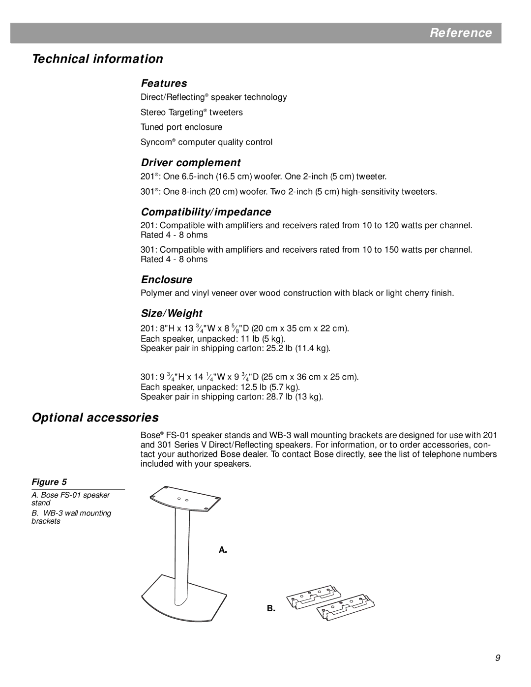 Bose 201 Series manual Technical information, Optional accessories 