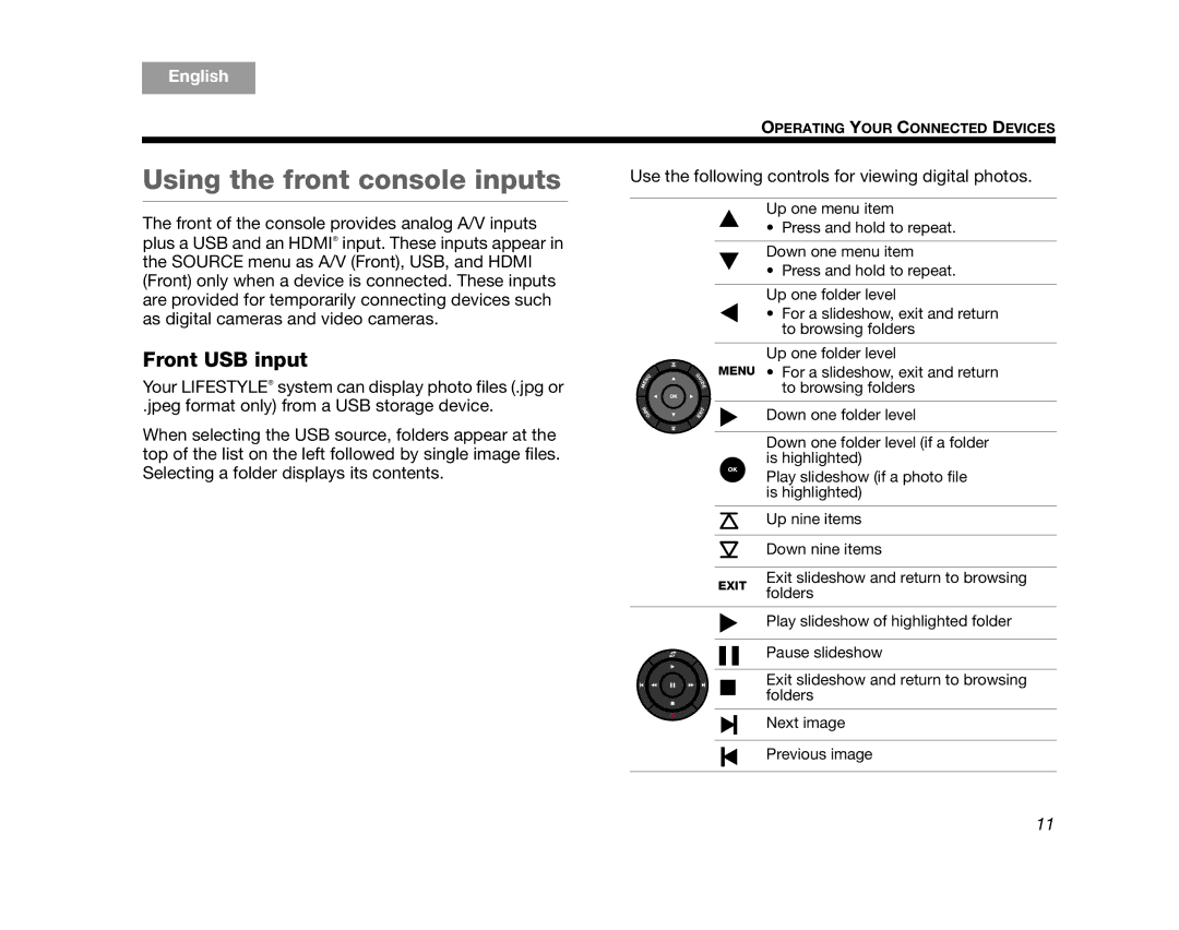 Bose V35/V25, 235, T20/T10 manual Using the front console inputs, Front USB input 