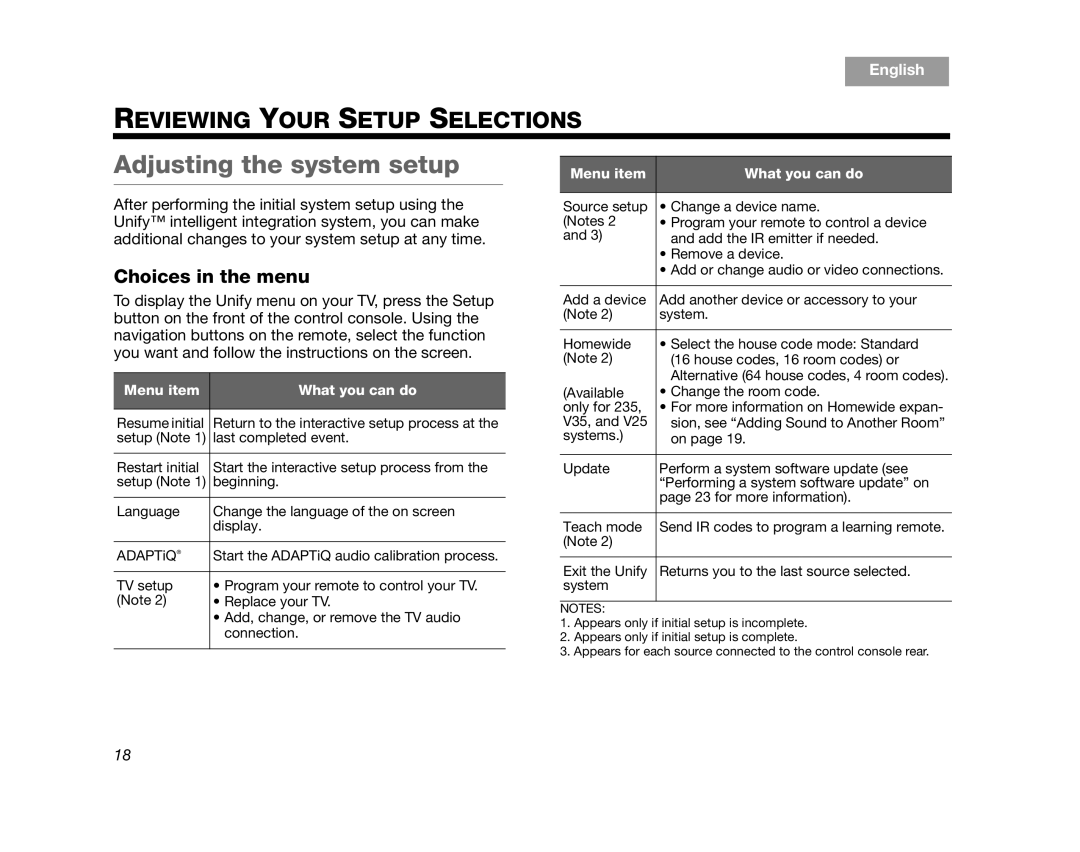 Bose T20/T10, 235, V35/V25 manual Adjusting the system setup, Choices in the menu 