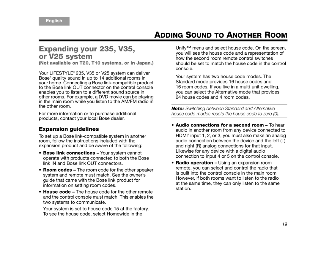 Bose V35/V25, T20/T10 manual Expanding your 235, V35, or V25 system, Expansion guidelines 