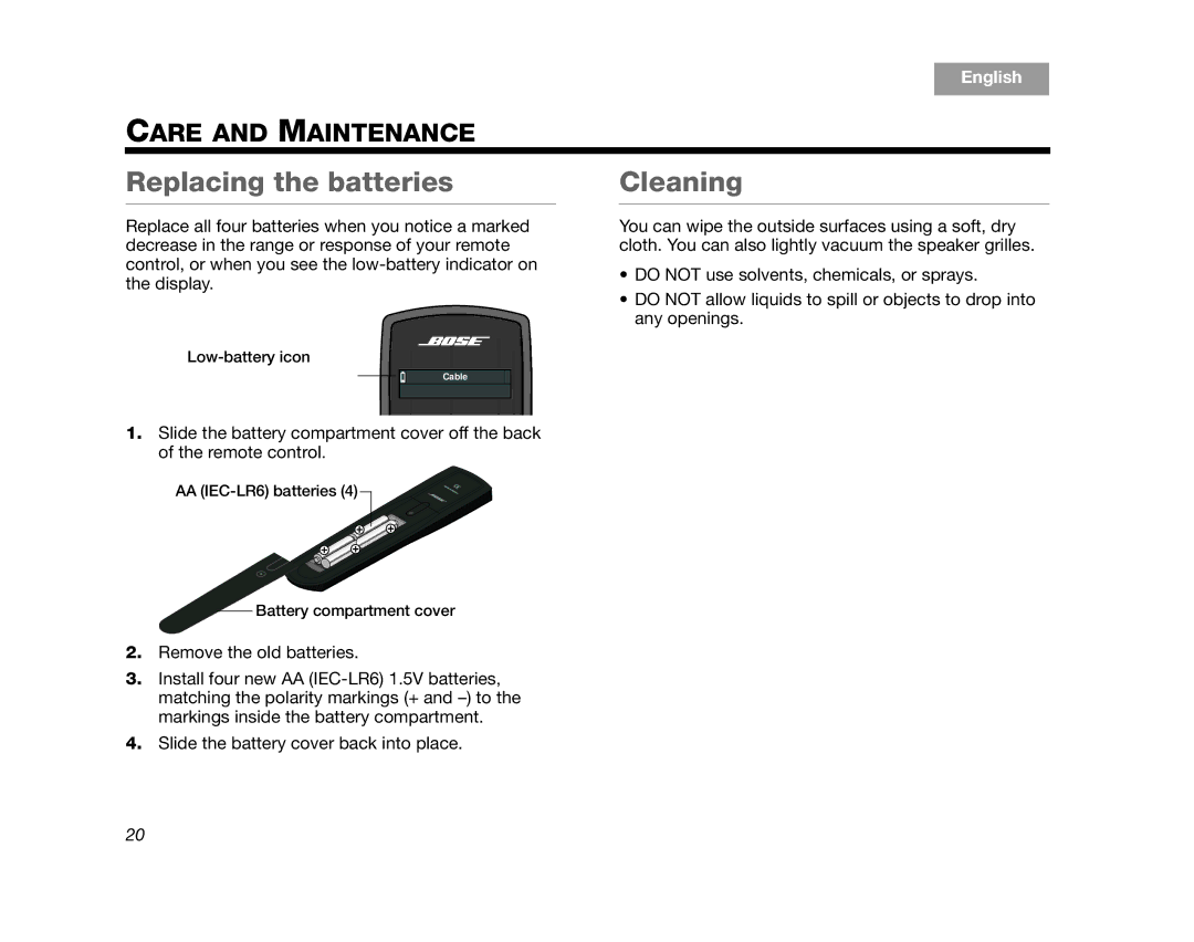 Bose V35/V25, 235, T20/T10 manual Replacing the batteries, Cleaning 