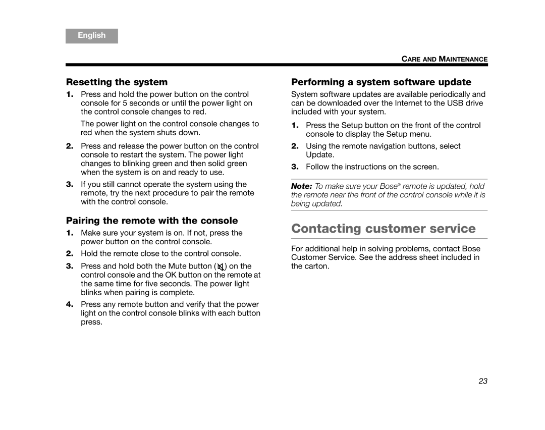 Bose V35/V25, 235, T20/T10 manual Contacting customer service, Resetting the system, Performing a system software update 