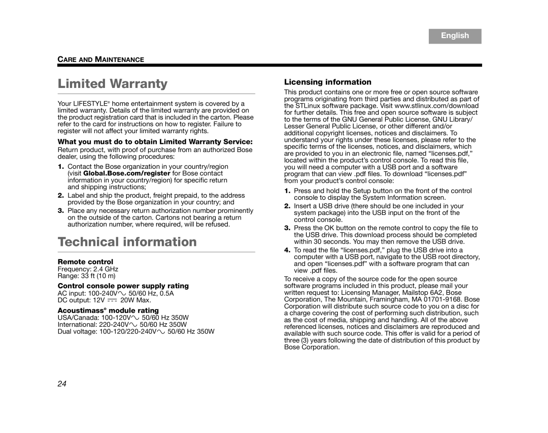 Bose T20/T10, 235, V35/V25 manual Limited Warranty, Technical information 