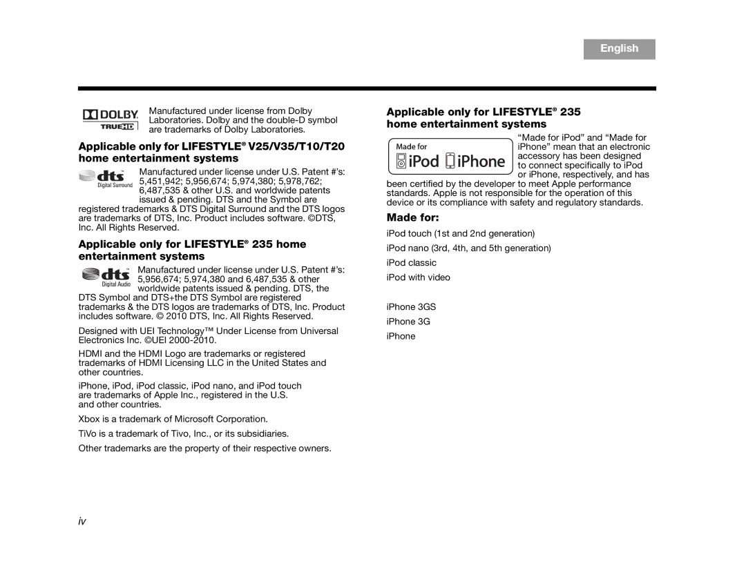 Bose V35/V25, T20/T10 manual Applicable only for Lifestyle 235 home entertainment systems 