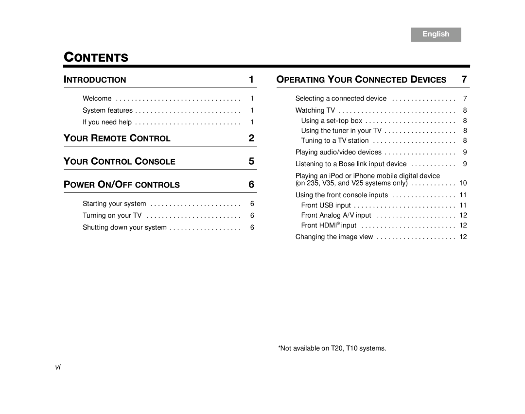 Bose 235, V35/V25, T20/T10 manual Contents 