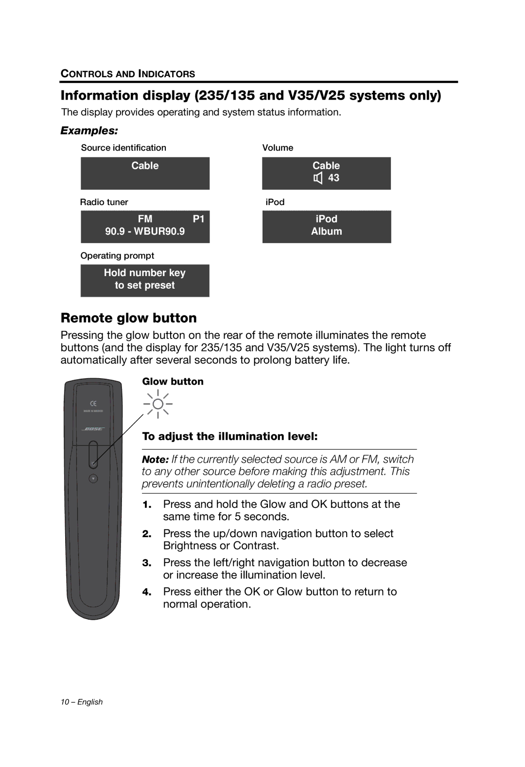 Bose Ls 135, T20/T10, Lifestyle (R) 135 manual Information display 235/135 and V35/V25 systems only, Remote glow button 