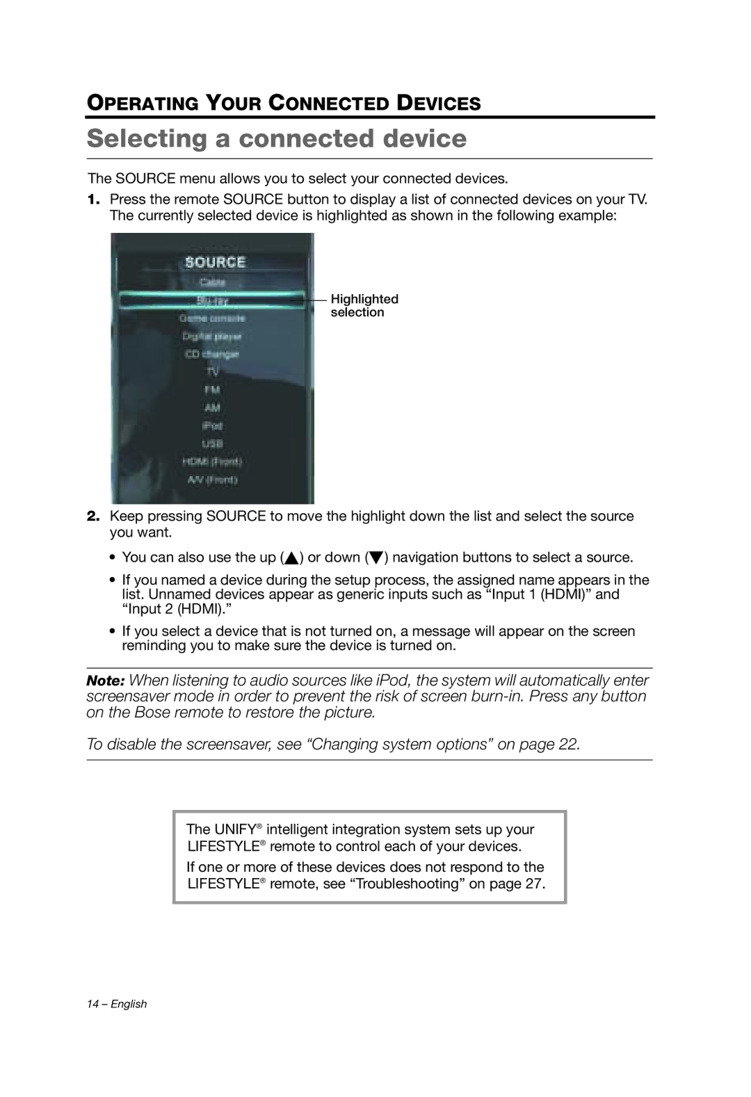 Bose 235, V35/V25, T20/T10 Selecting a connected device, To disable the screensaver, see Changing system options on 