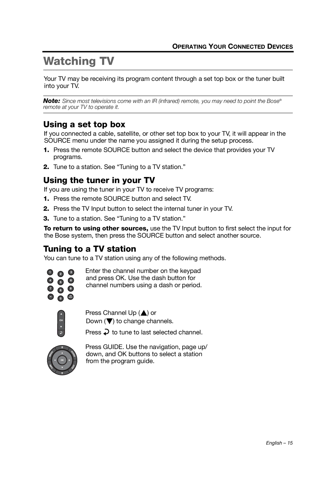 Bose 235, V35/V25, T20/T10, 135 manual Watching TV, Using a set top box, Using the tuner in your TV, Tuning to a TV station 