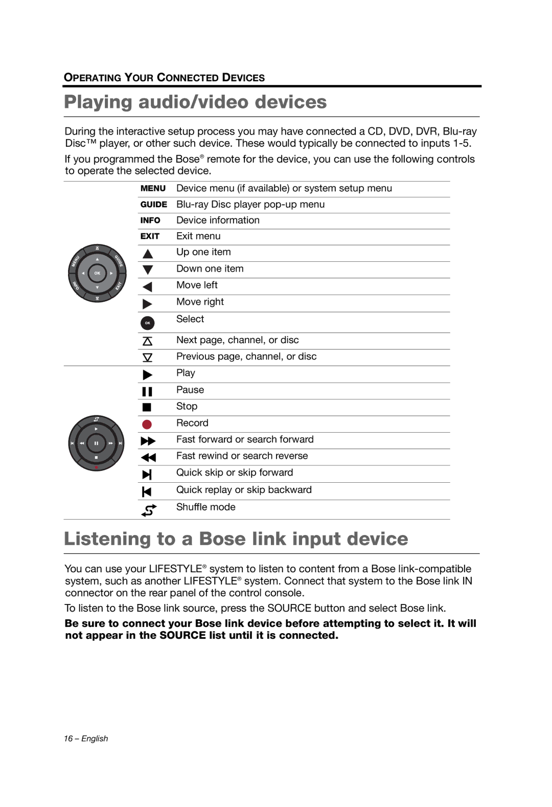 Bose T20/T10, V35/V25, Lifestyle (R) 135, 235/135 Playing audio/video devices, Listening to a Bose link input device 