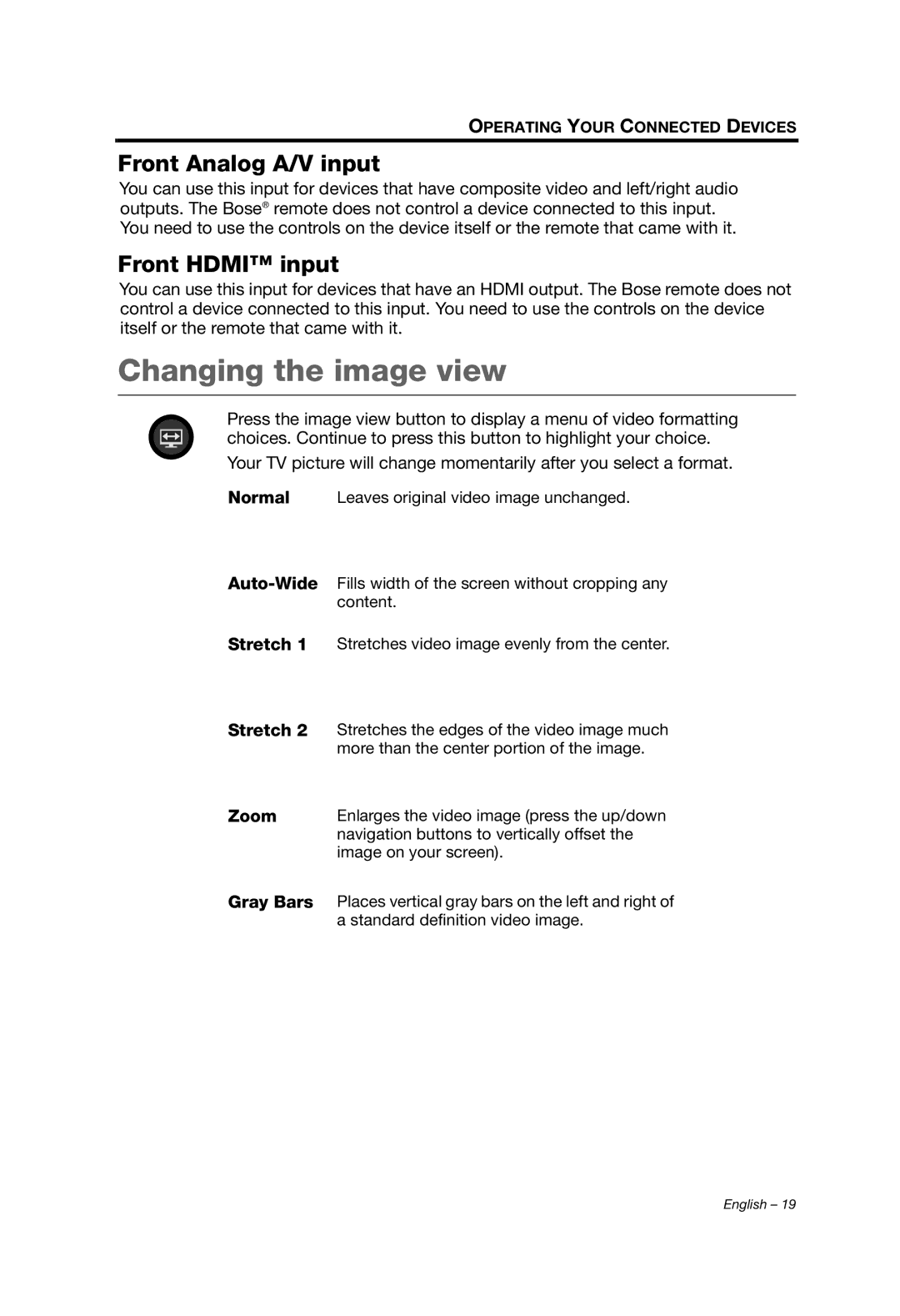 Bose Lifestyle (R) 135, V35/V25, T20/T10, 235/135, Ls 135 manual Changing the image view, Front Analog A/V input 