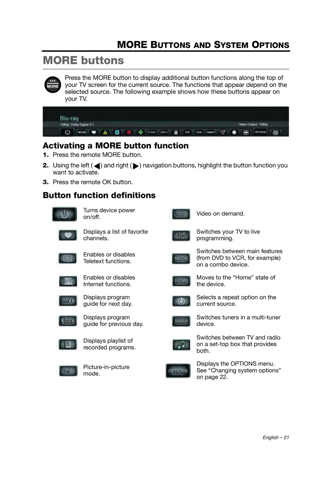 Bose Ls 135, V35/V25, T20/T10, 235/135 More buttons, Activating a More button function, Button function definitions 