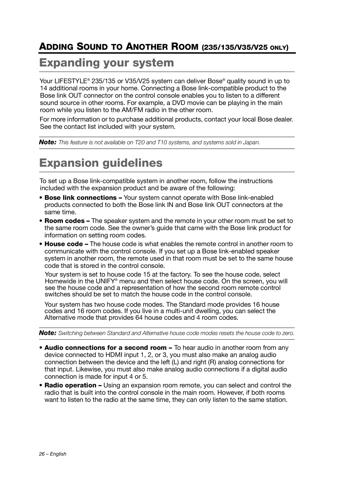 Bose V35/V25, T20/T10, Lifestyle (R) 135, 235/135, Ls 135 manual Expanding your system, Expansion guidelines 