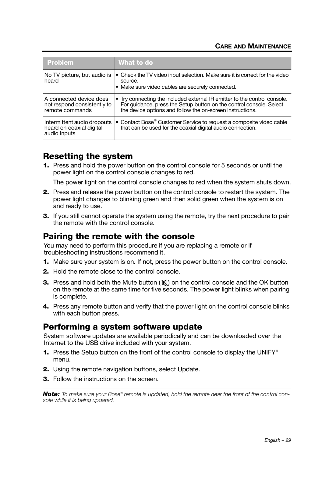 Bose 135, 235, V35/V25, T10 Resetting the system, Pairing the remote with the console, Performing a system software update 