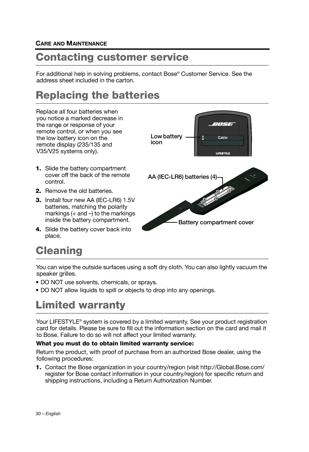 Bose Lifestyle (R) 135, 235, V35/V25, T10 Contacting customer service, Replacing the batteries, Cleaning, Limited warranty 