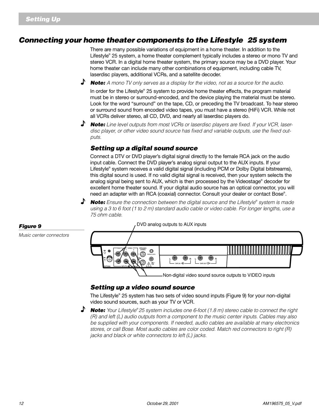 Bose 25 Series II manual Setting up a digital sound source, Setting up a video sound source 