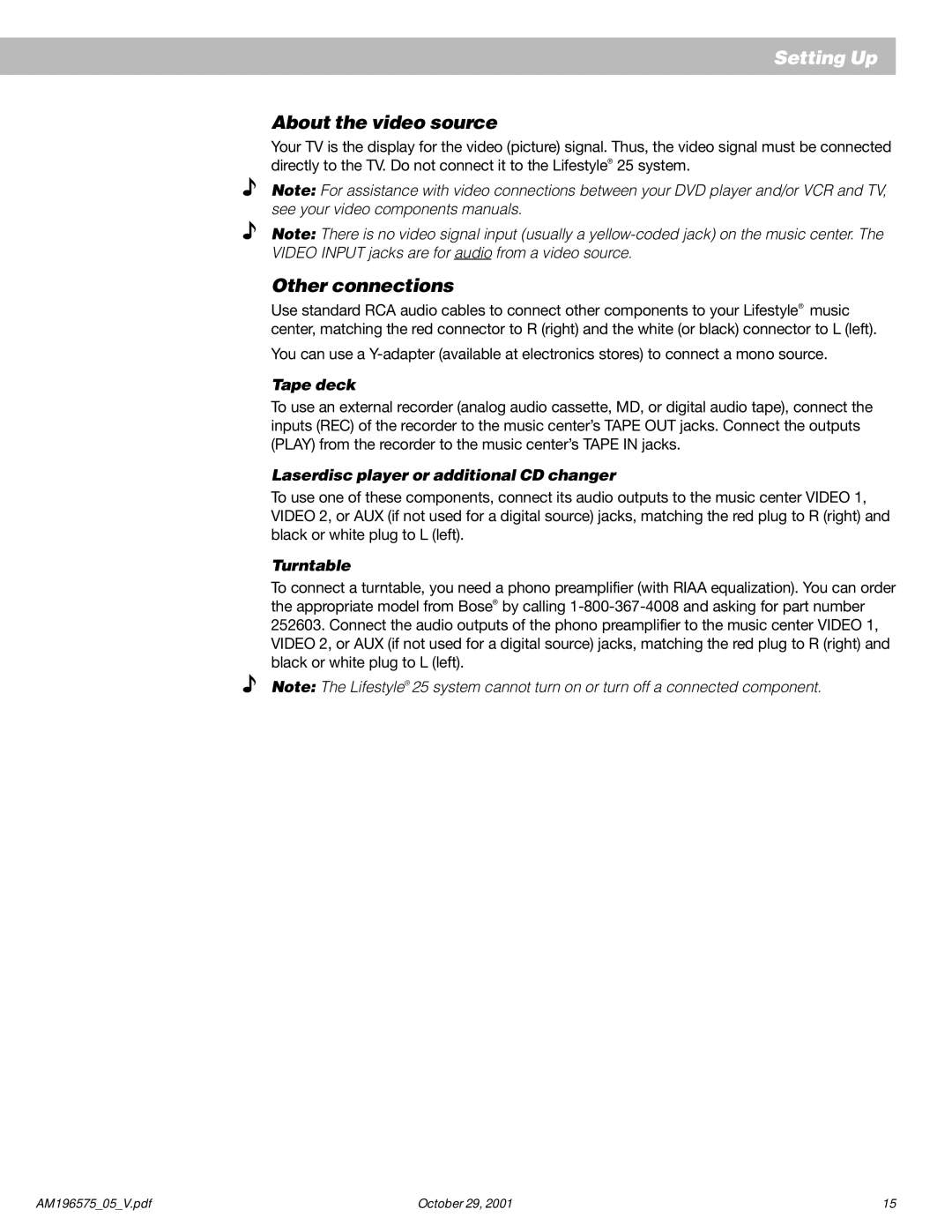 Bose 25 Series II manual About the video source, Other connections, Tape deck, Laserdisc player or additional CD changer 