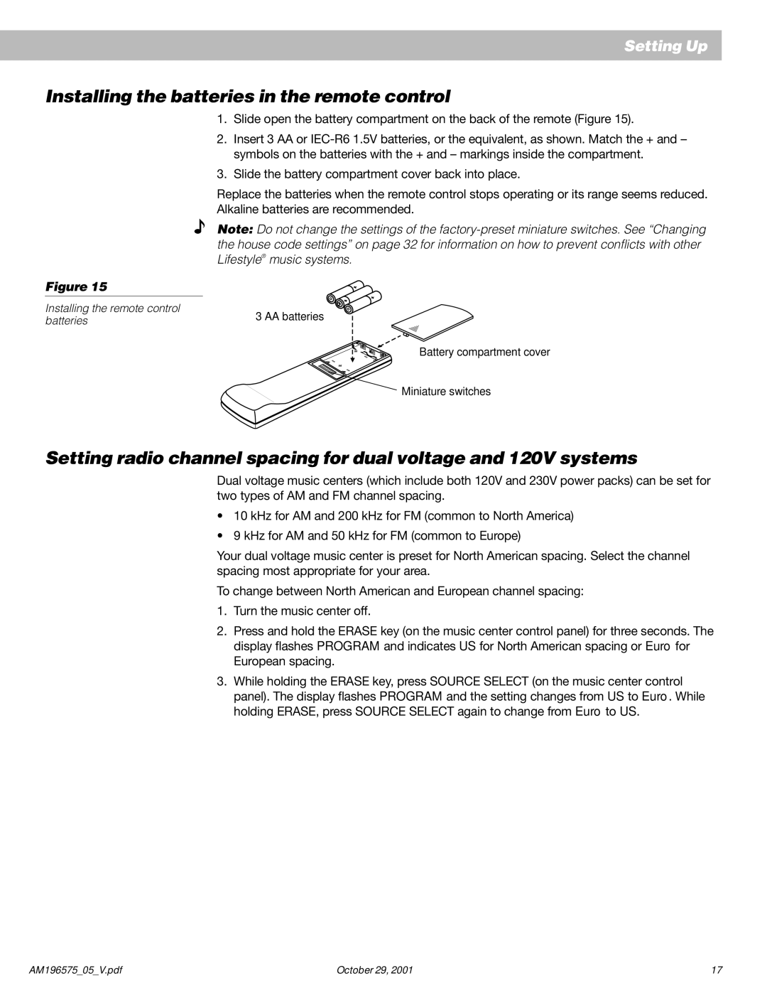 Bose 25 Series II manual Installing the batteries in the remote control, Lifestyle music systems 