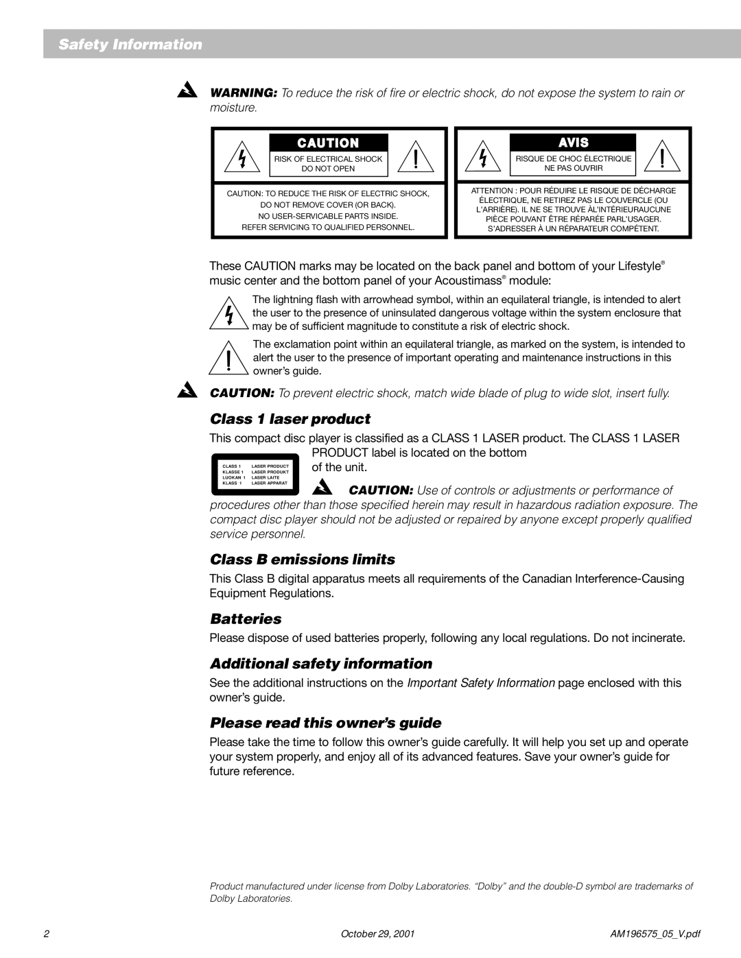 Bose 25 Series II manual Safety Information 