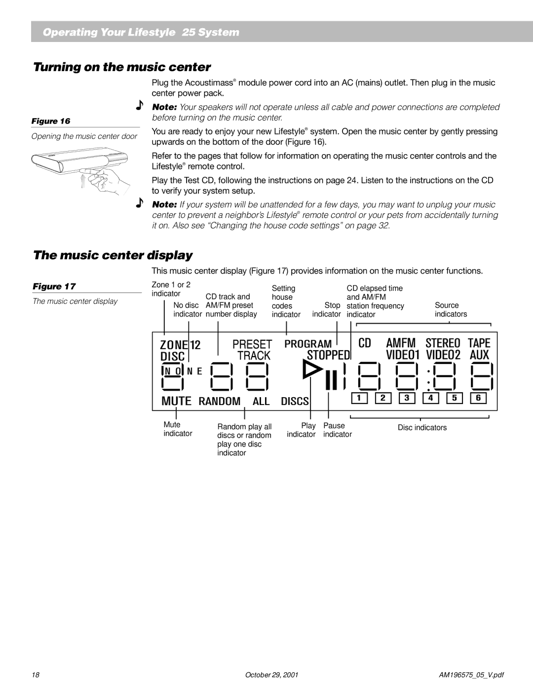 Bose 25 Series II manual Turning on the music center, Music center display 