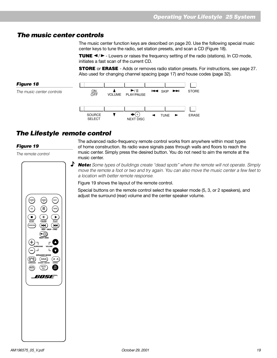 Bose 25 Series II manual Music center controls, Lifestyle remote control 