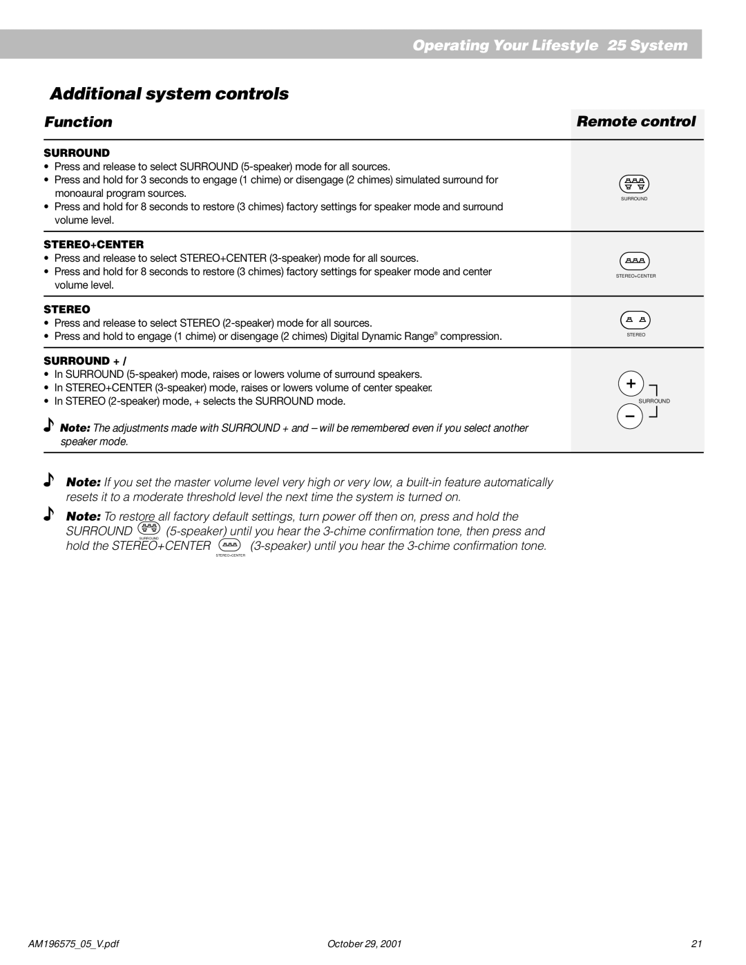 Bose 25 Series II manual Additional system controls, Function Remote control 