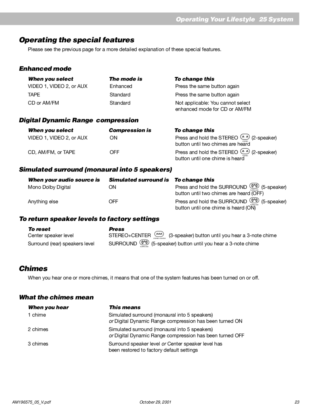 Bose 25 Series II manual Operating the special features, Chimes 