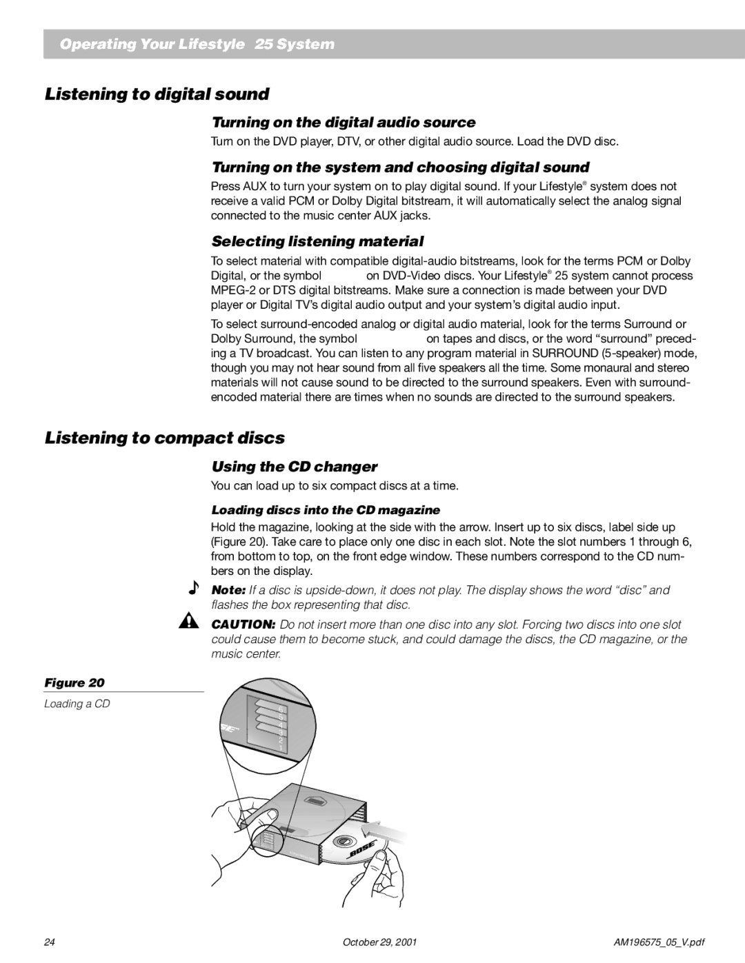 Bose 25 Series II manual Listening to digital sound, Listening to compact discs 